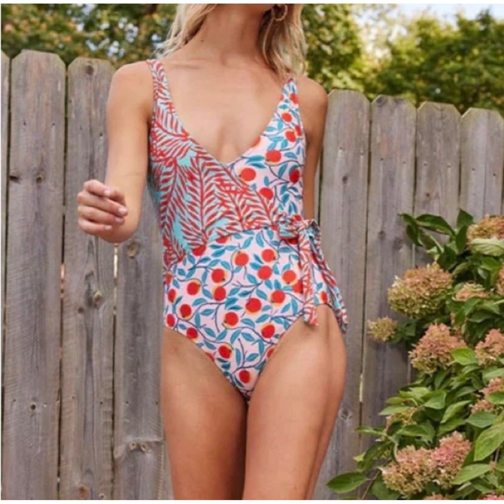 Summersalt The Perfect Wrap One-Piece Swimsuit Peach Palm Mixed Print Size 8